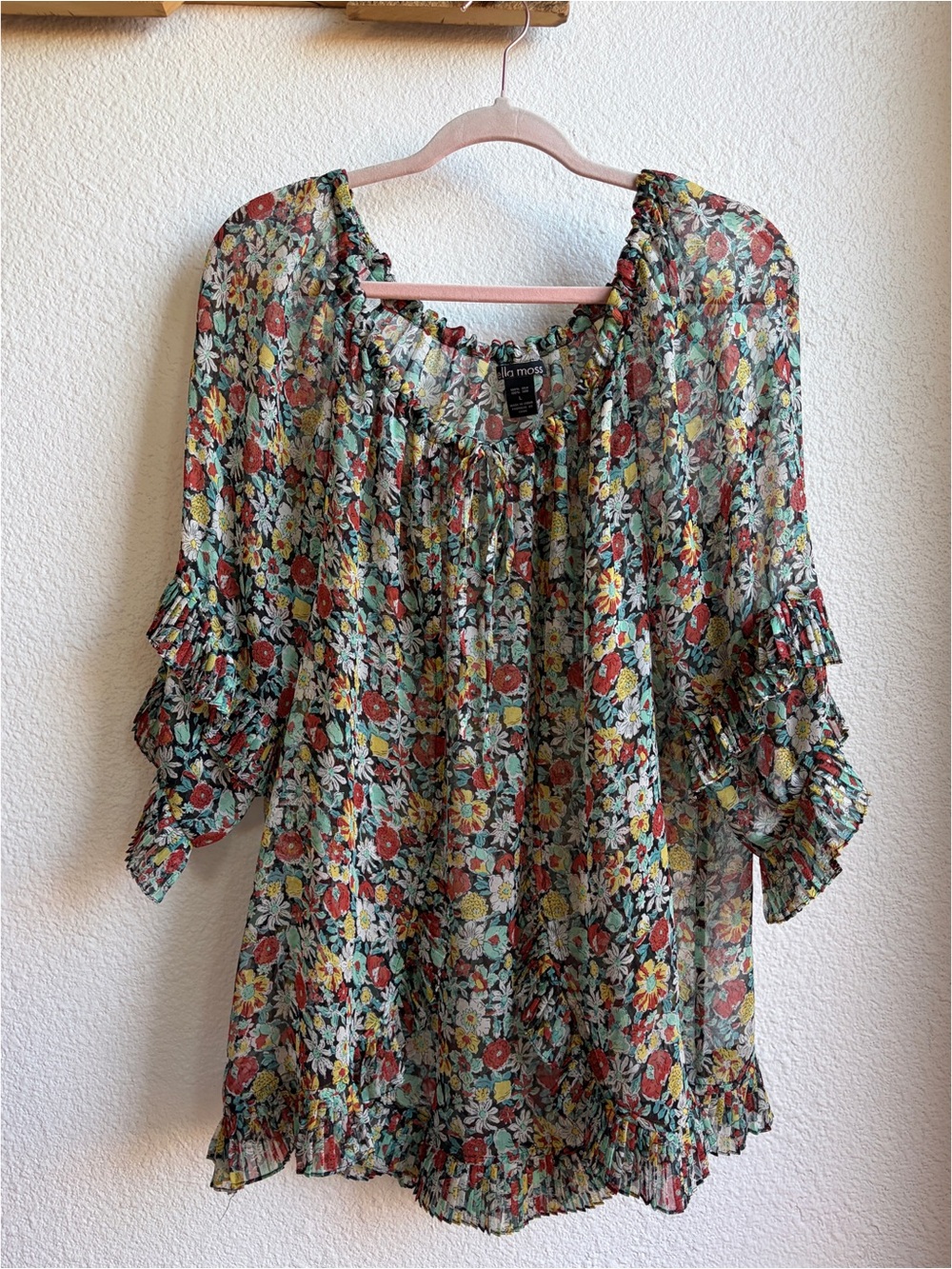 Ella Moss Sheer Floral Silk Peasant Blouse Large